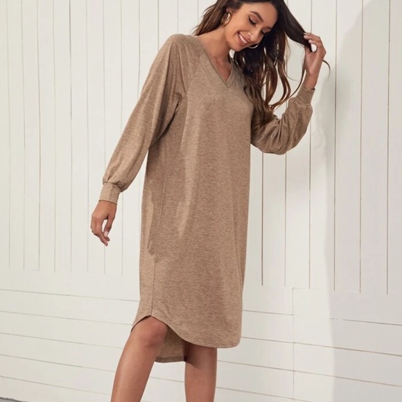 Marled V-neck Long Sleeve Tan Dress - Picture 4 of 5